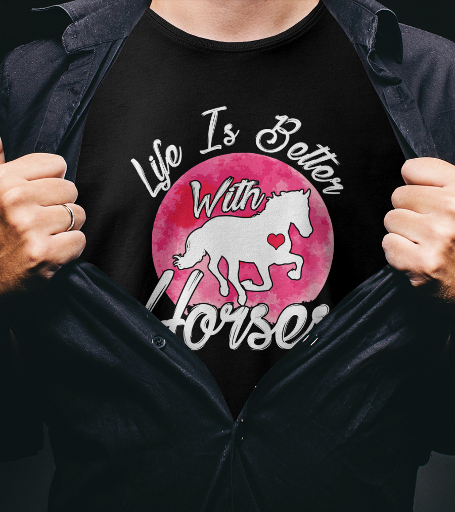 Life Is Better With Horses White Silhouette And Pink Watercolor Circle T-Shirt