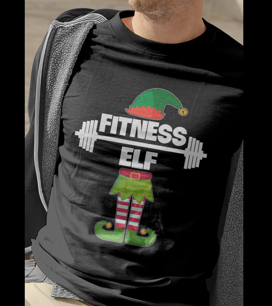 FITNESS ELF Workout Exercise Weight Lifter Barbell Holiday Humor T-Shirt