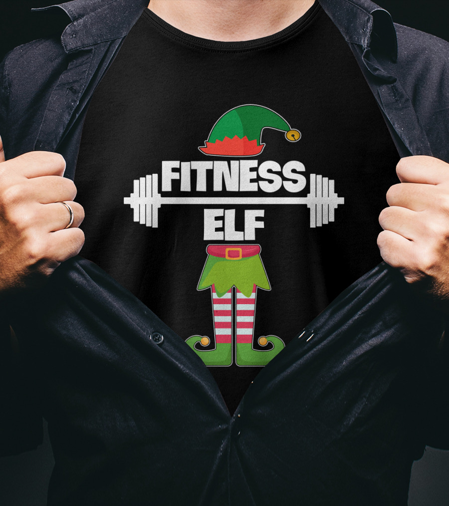 FITNESS ELF Workout Exercise Weight Lifter Barbell Holiday Humor T-Shirt