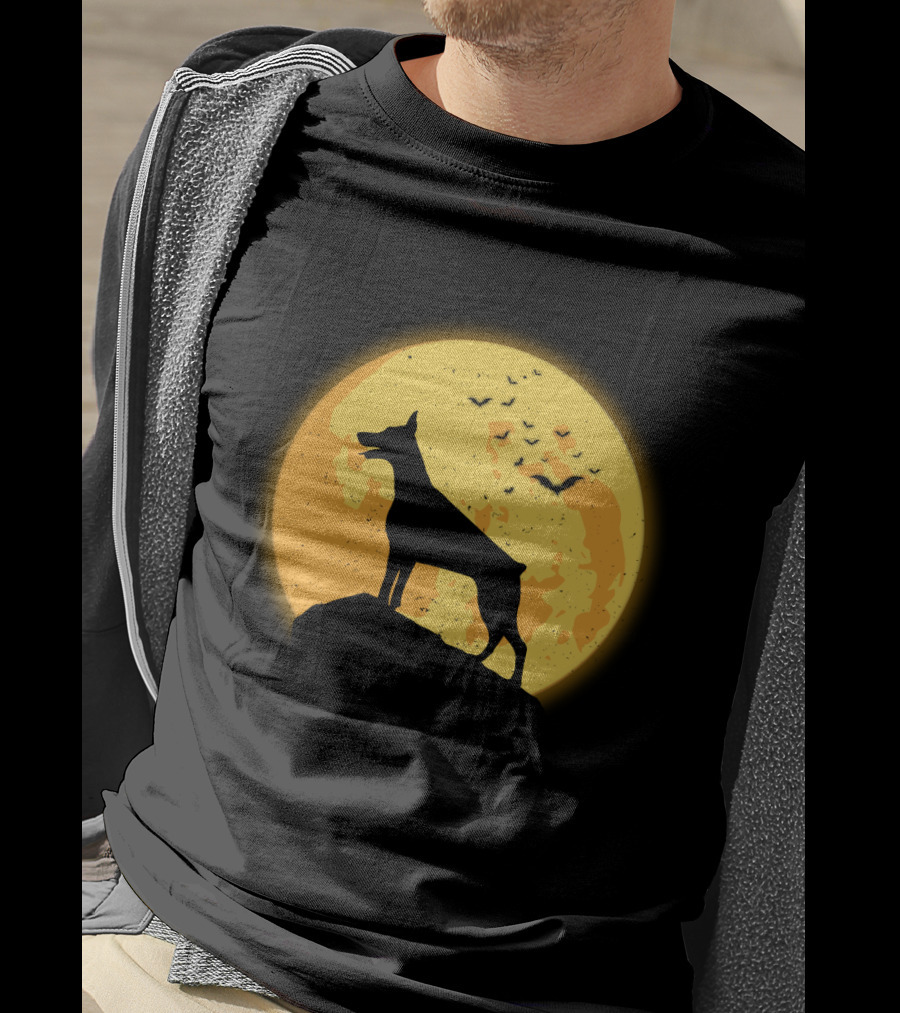 DOBERMAN Dog Silhouette Against Orange Moon Night Scene T-Shirt