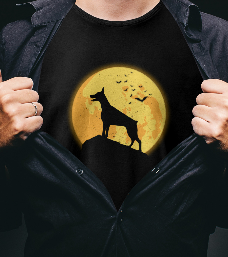 DOBERMAN Dog Silhouette Against Orange Moon Night Scene T-Shirt