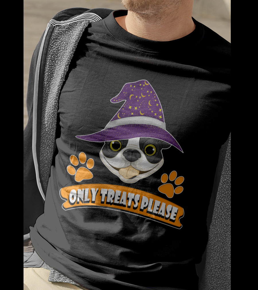 Boston Terrier Only Treats Please Wizard Hat And Paw Prints T-Shirt