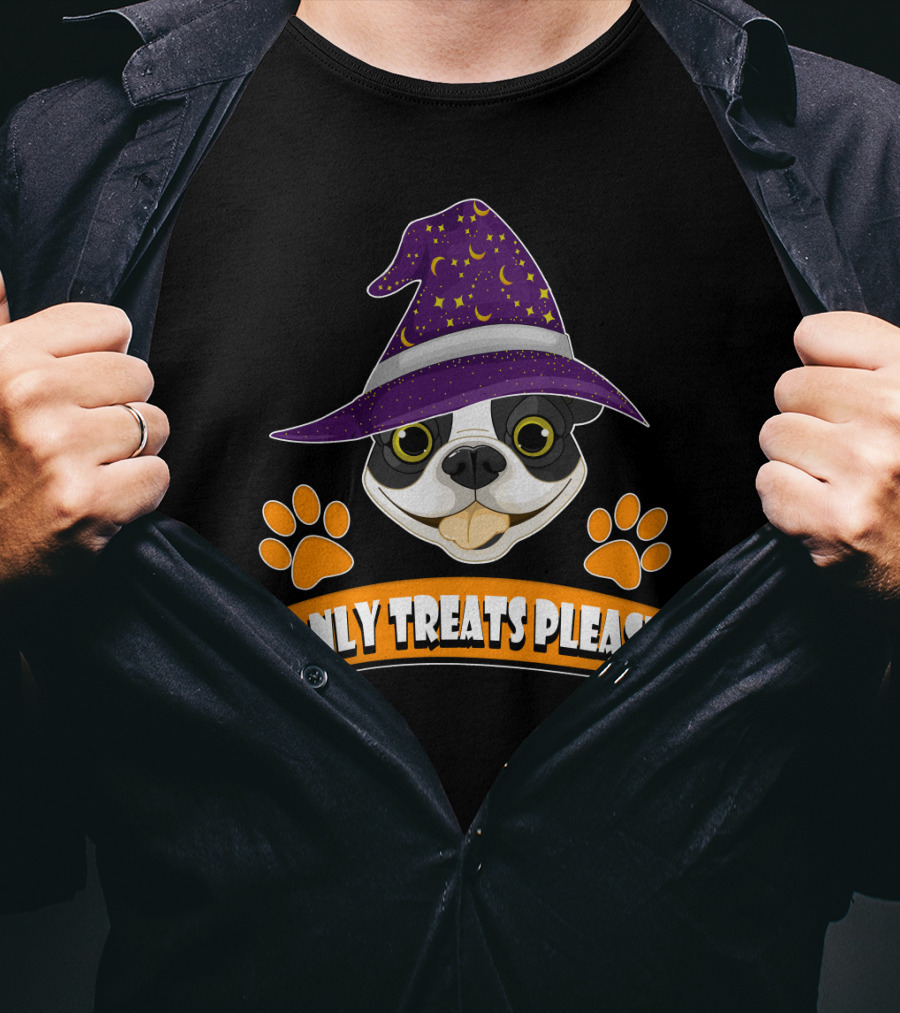 Boston Terrier Only Treats Please Wizard Hat And Paw Prints T-Shirt