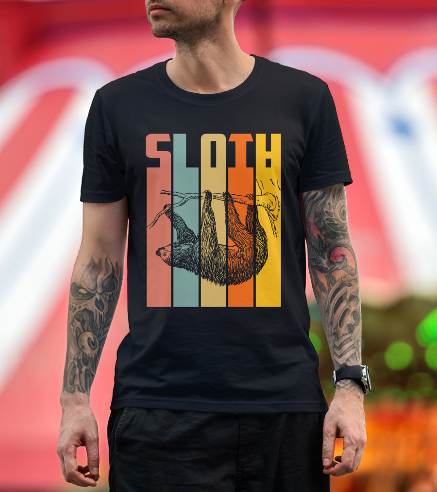 SLOTH Vintage Retro Hanging Branch Stripes T-Shirt