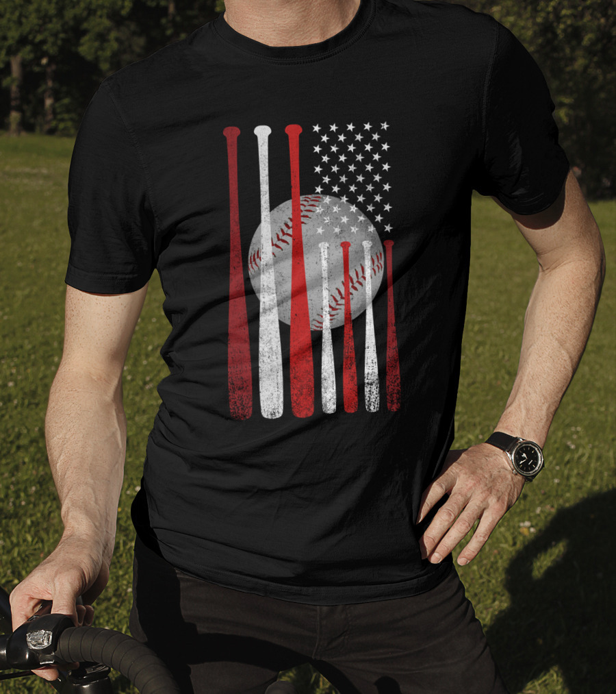 Vintage American Flag Baseball Bats And Ball Stars T-Shirt