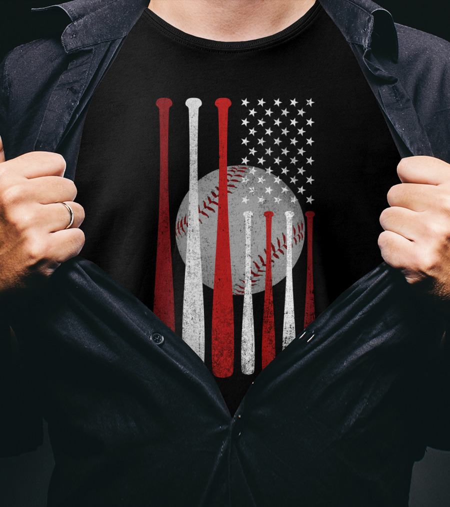 Vintage American Flag Baseball Bats And Ball Stars T-Shirt