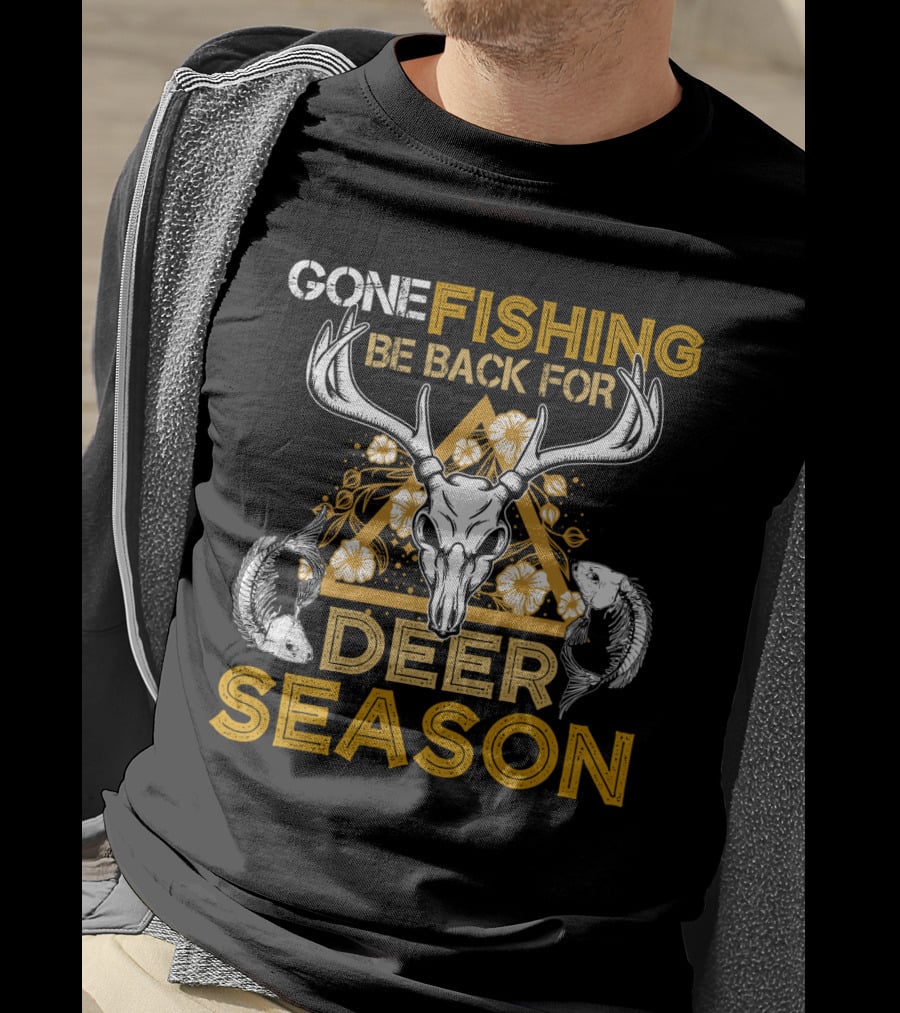 Gone Fishing Be Back For Deer Season Antler Skull Fish Floral Triangle T-Shirt