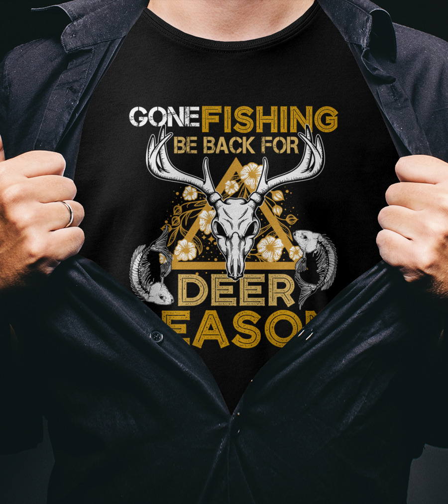 Gone Fishing Be Back For Deer Season Antler Skull Fish Floral Triangle T-Shirt