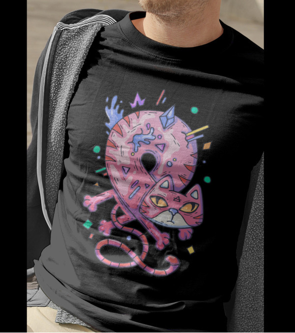 Pink Donut Cat Twisted Into Loop With Colorful Elements T-Shirt