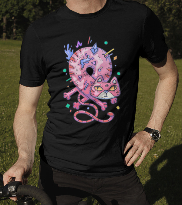 Pink Donut Cat Twisted Into Loop With Colorful Elements T-Shirt