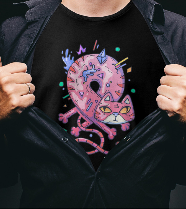 Pink Donut Cat Twisted Into Loop With Colorful Elements T-Shirt