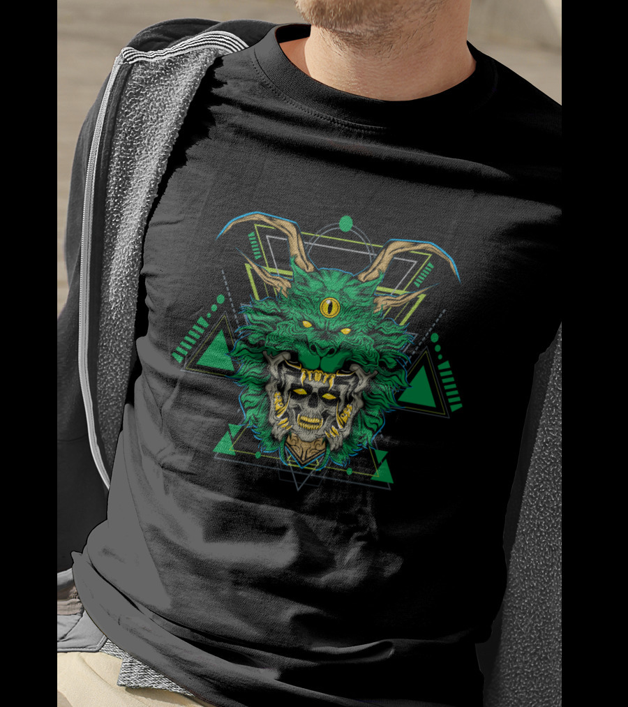 Green Dragon Geometric Skull Fusion T-Shirt
