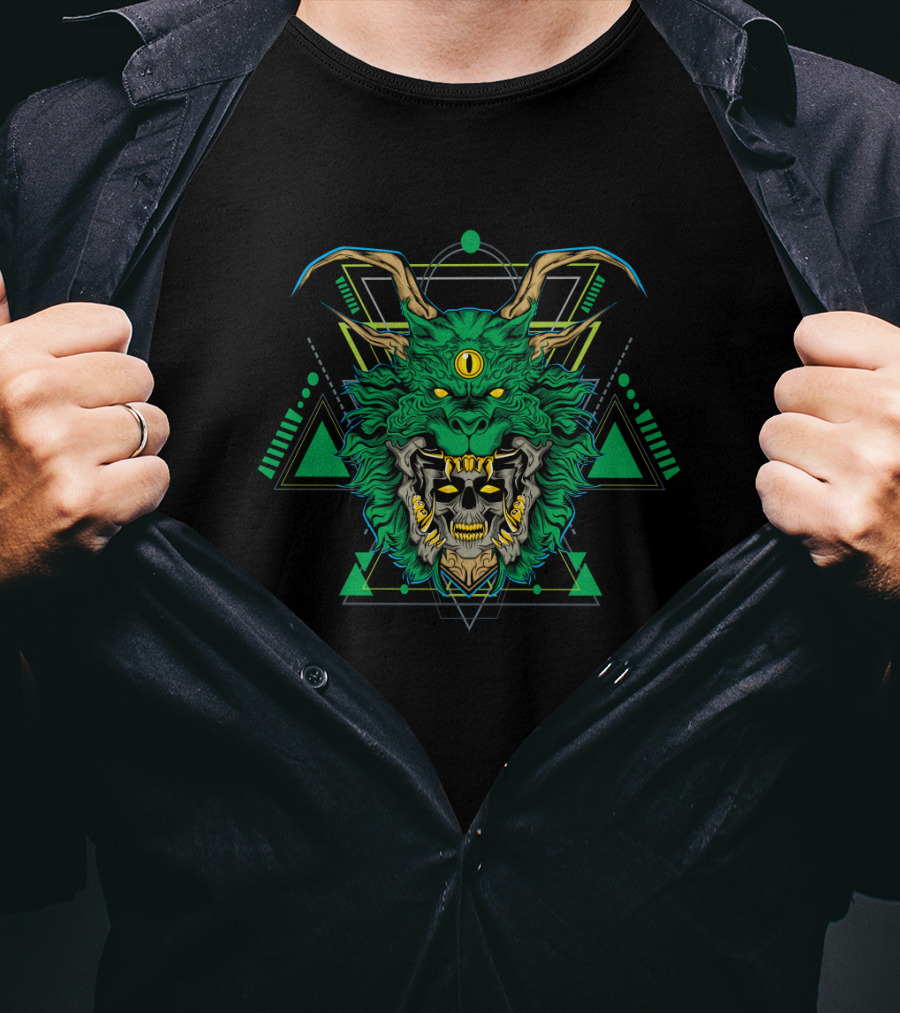 Green Dragon Geometric Skull Fusion T-Shirt