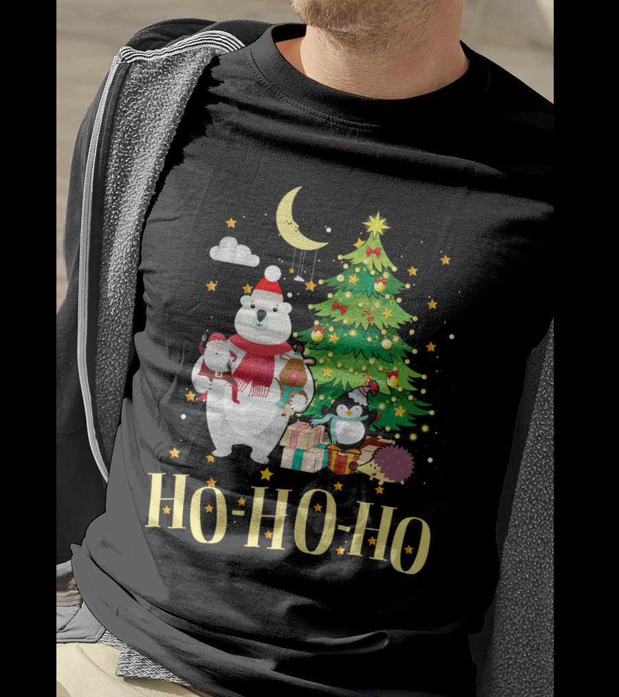 HO HO HO Christmas Dreams Polar Bear Santa Penguin Tree T-Shirt