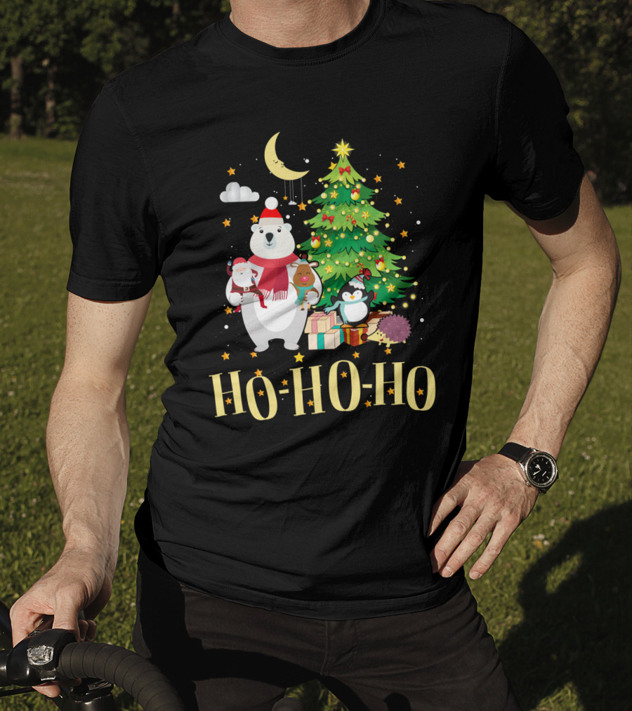 HO HO HO Christmas Dreams Polar Bear Santa Penguin Tree T-Shirt
