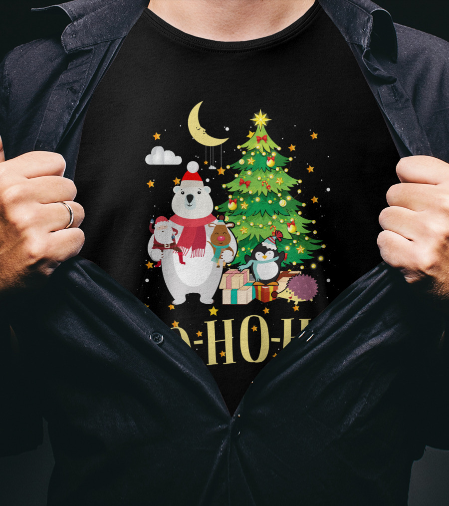 HO HO HO Christmas Dreams Polar Bear Santa Penguin Tree T-Shirt