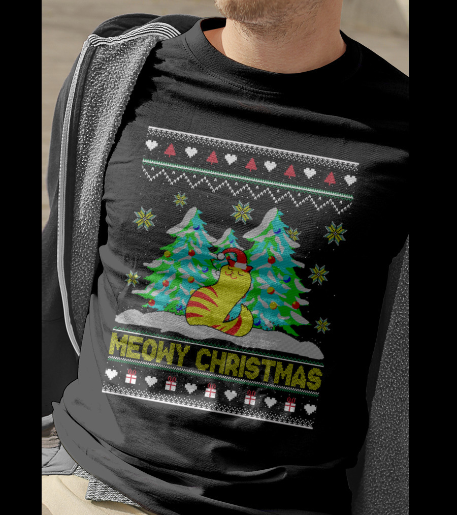 Meowy Christmas Cat Lover Ugly Christmas T-Shirt