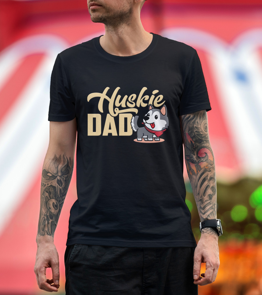 Huskie Dad Cartoon Dog with Red Bandana T-Shirt