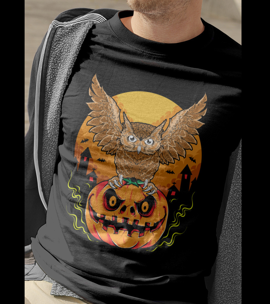 Owl Perched On Halloween Pumpkin With Haunted Houses And Bats T-Shirt