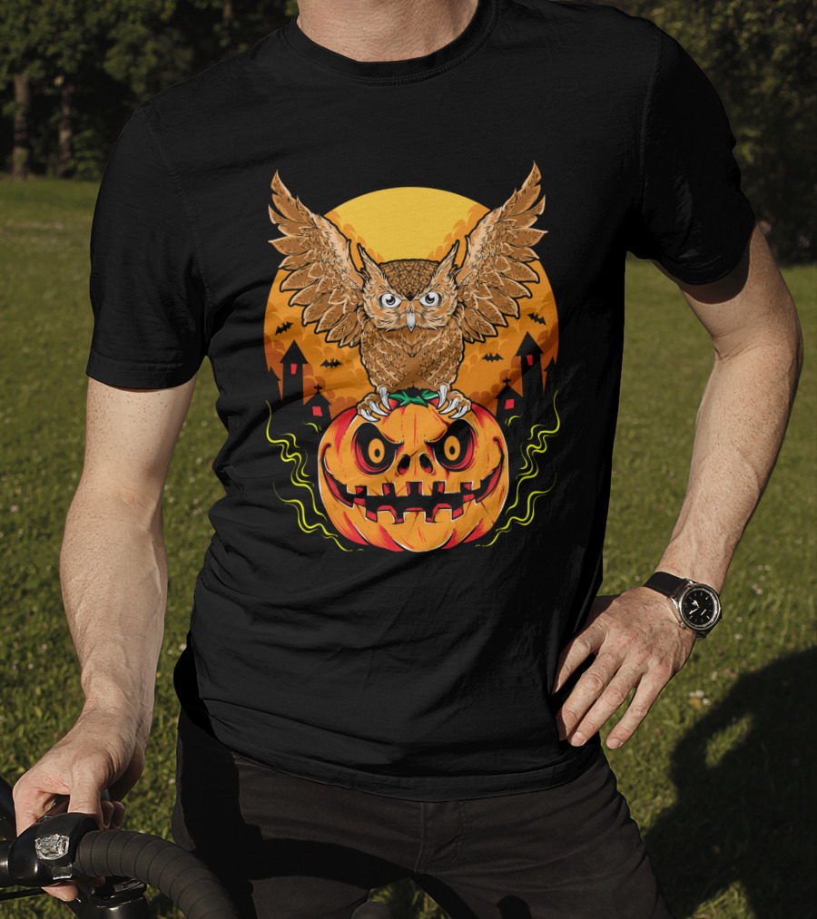 Owl Perched On Halloween Pumpkin With Haunted Houses And Bats T-Shirt