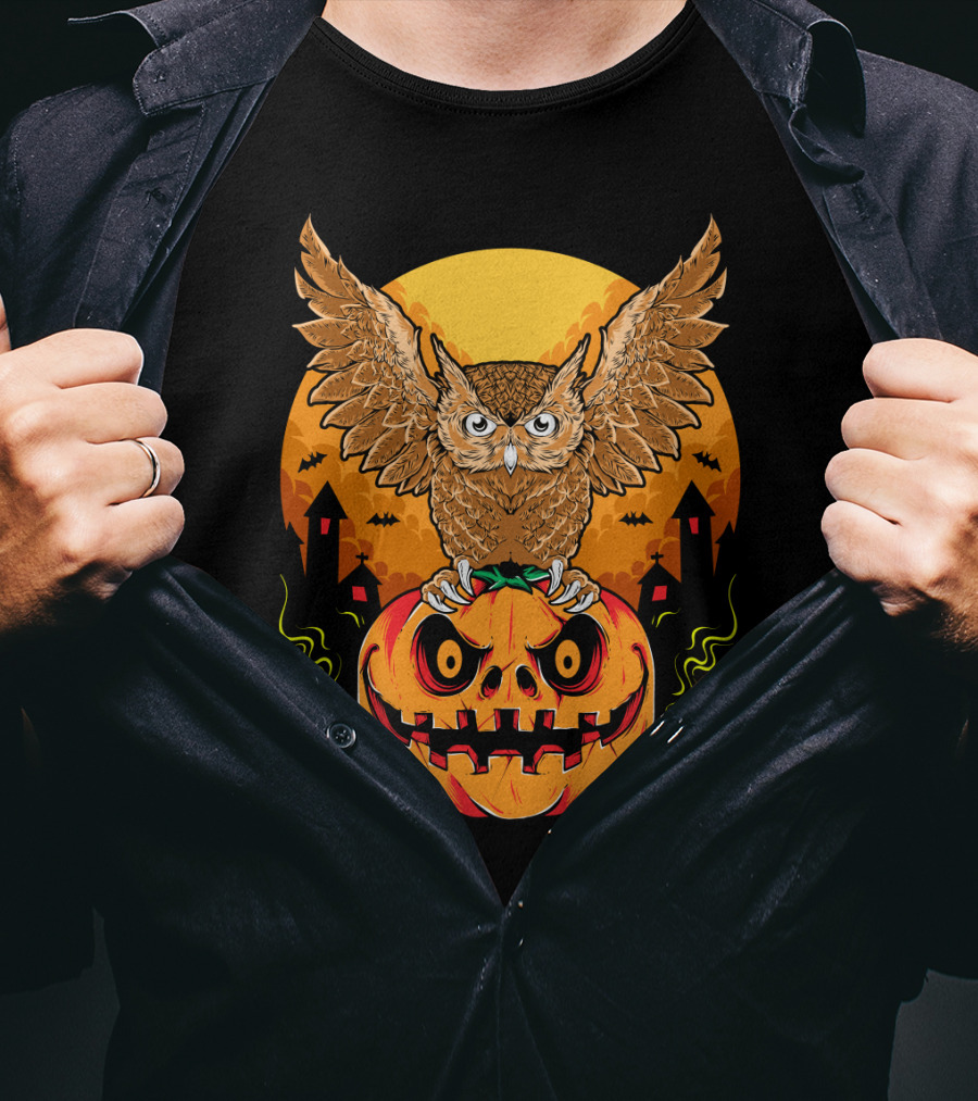 Owl Perched On Halloween Pumpkin With Haunted Houses And Bats T-Shirt