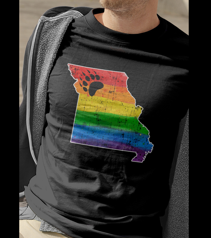 Missouri State Shape With Rainbow Bear Paw Pride Flag T-Shirt