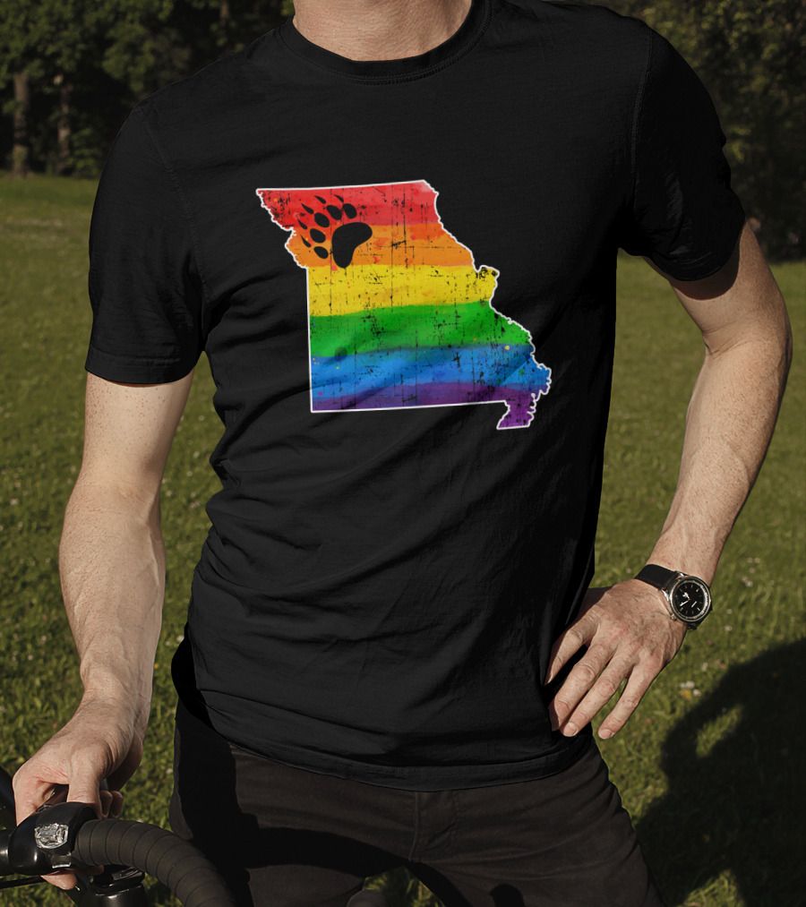 Missouri State Shape With Rainbow Bear Paw Pride Flag T-Shirt