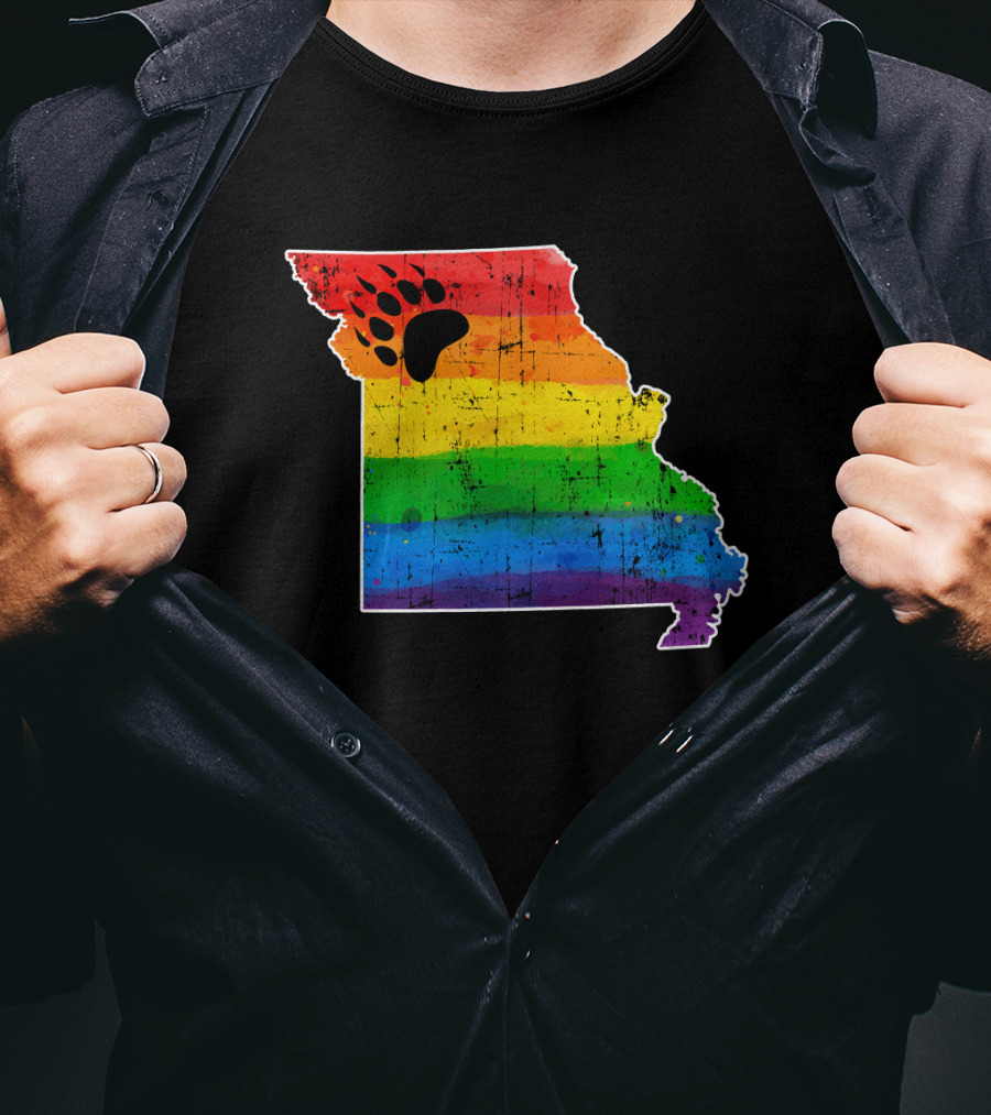 Missouri State Shape With Rainbow Bear Paw Pride Flag T-Shirt