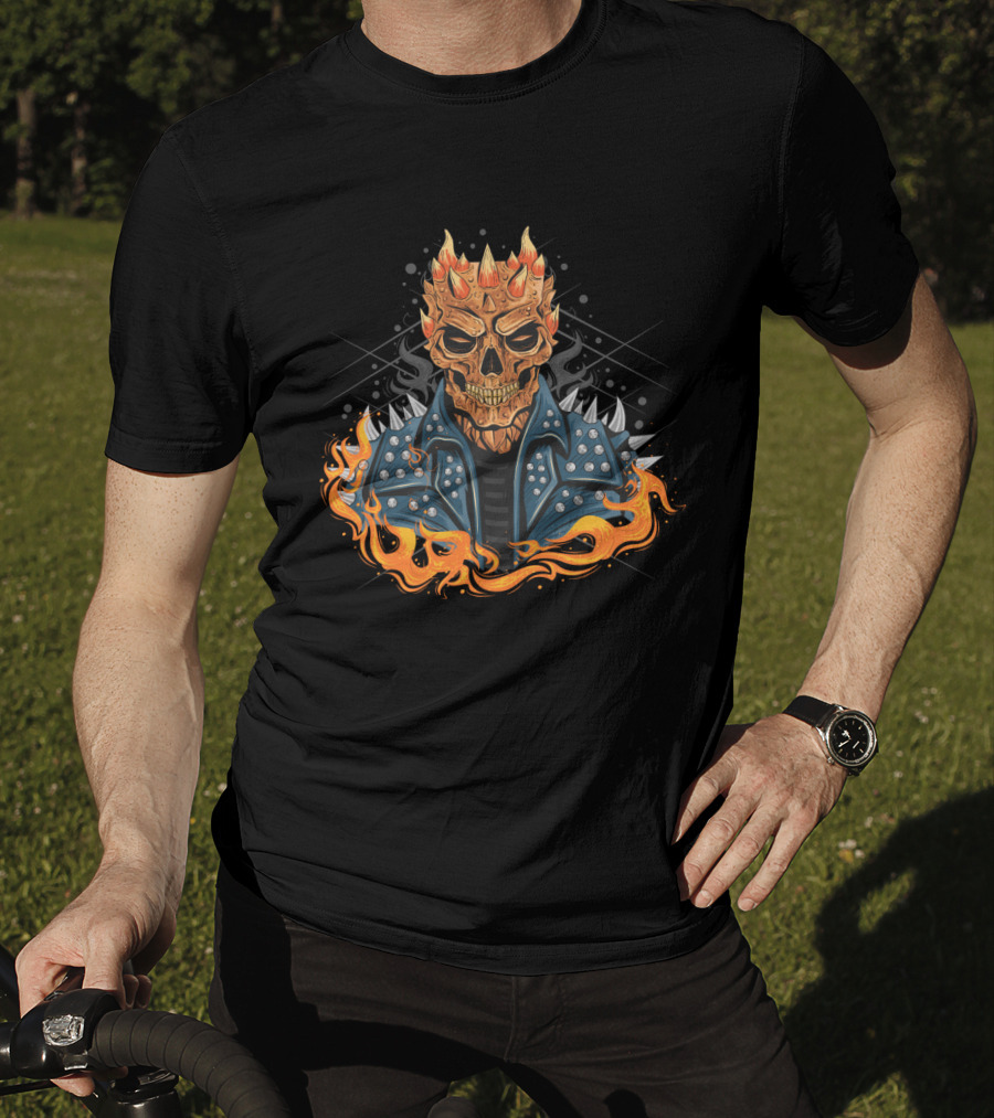 Skull Punk Head Fiery Jacket Flames Spikes T-Shirt