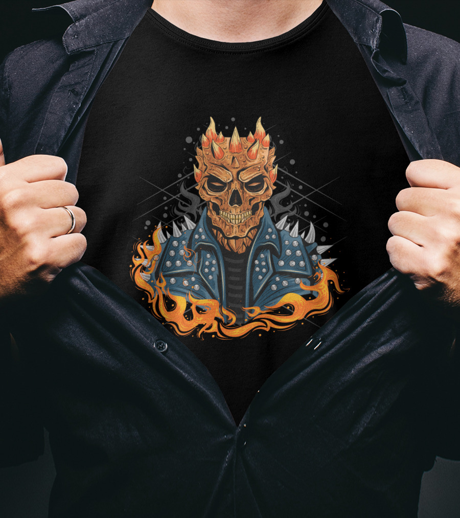 Skull Punk Head Fiery Jacket Flames Spikes T-Shirt