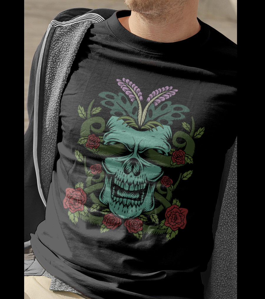 Skull Rose Floral Motif With Decorative Elements T-Shirt