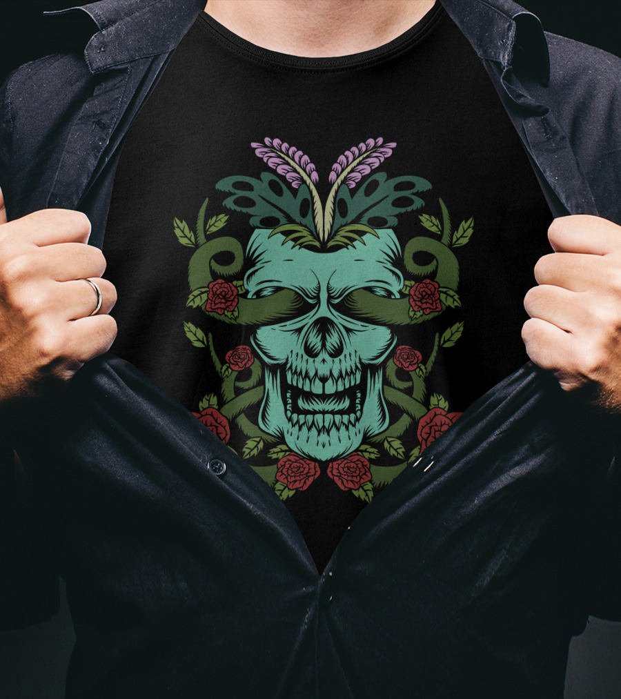 Skull Rose Floral Motif With Decorative Elements T-Shirt
