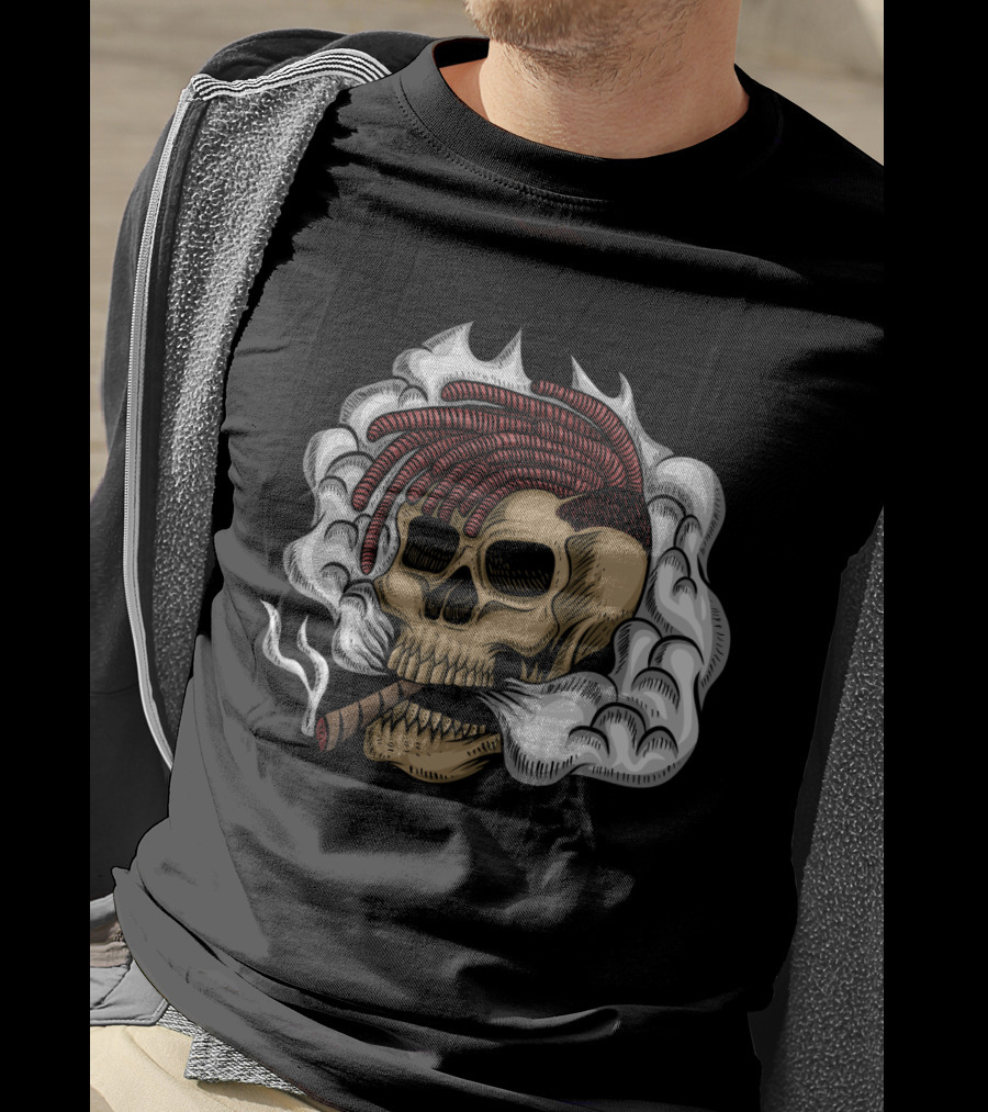 Skull Smoke Cigar With Red Braided Hair And White Smoke Plumes T-Shirt