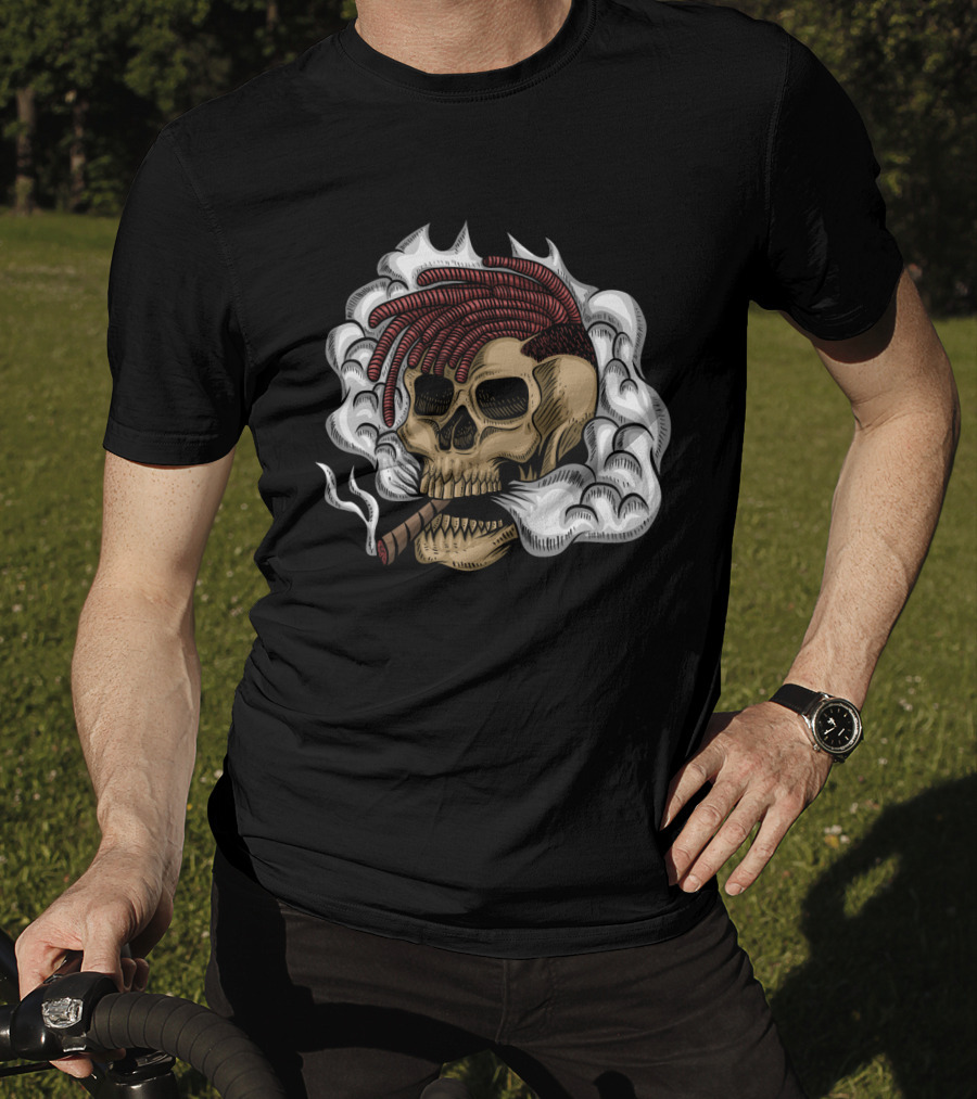 Skull Smoke Cigar With Red Braided Hair And White Smoke Plumes T-Shirt
