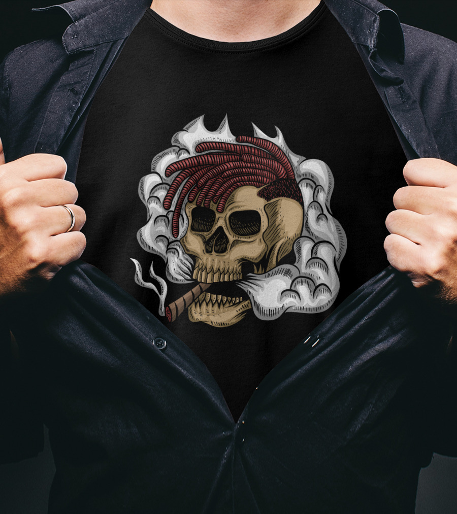 Skull Smoke Cigar With Red Braided Hair And White Smoke Plumes T-Shirt