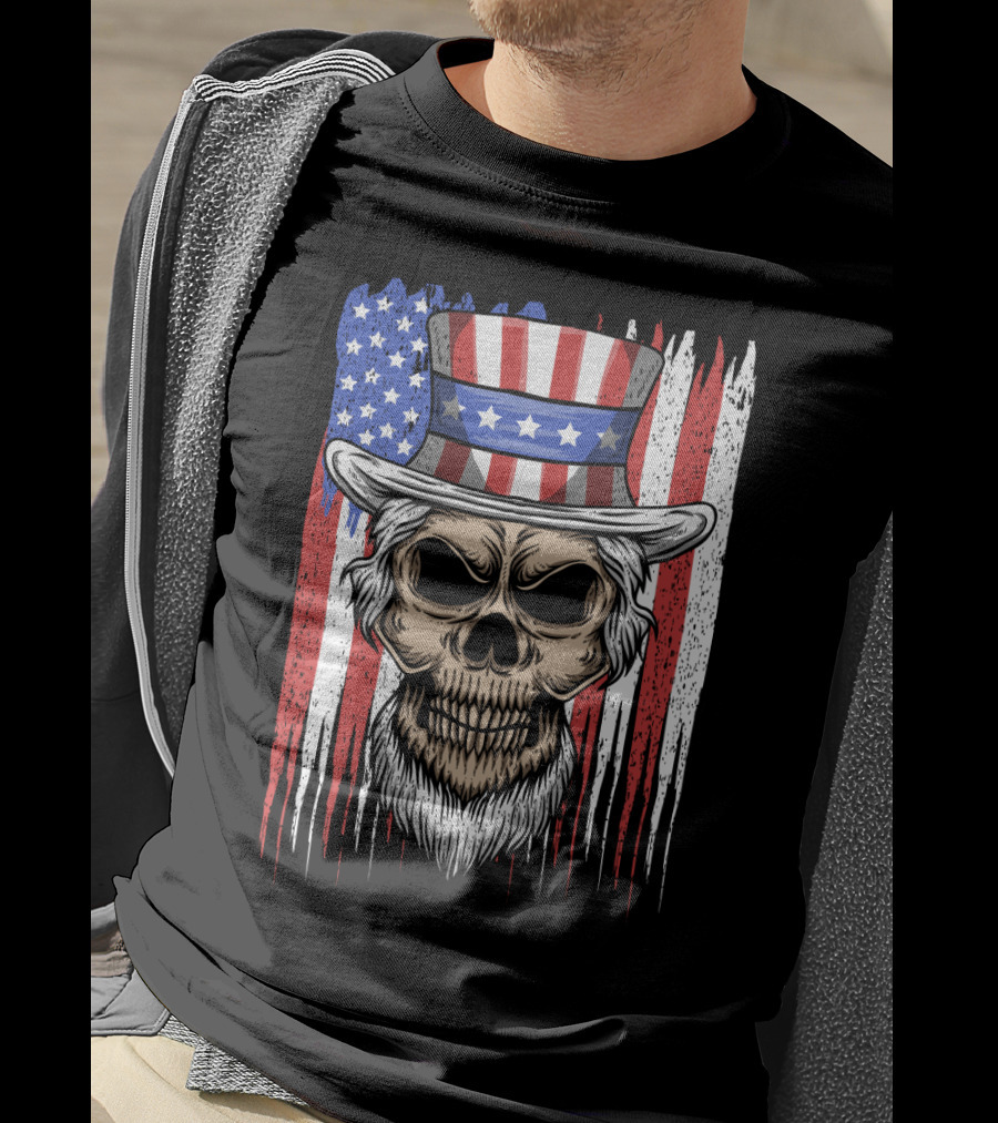 Skull Uncle Sam American Flag Hat T-Shirt