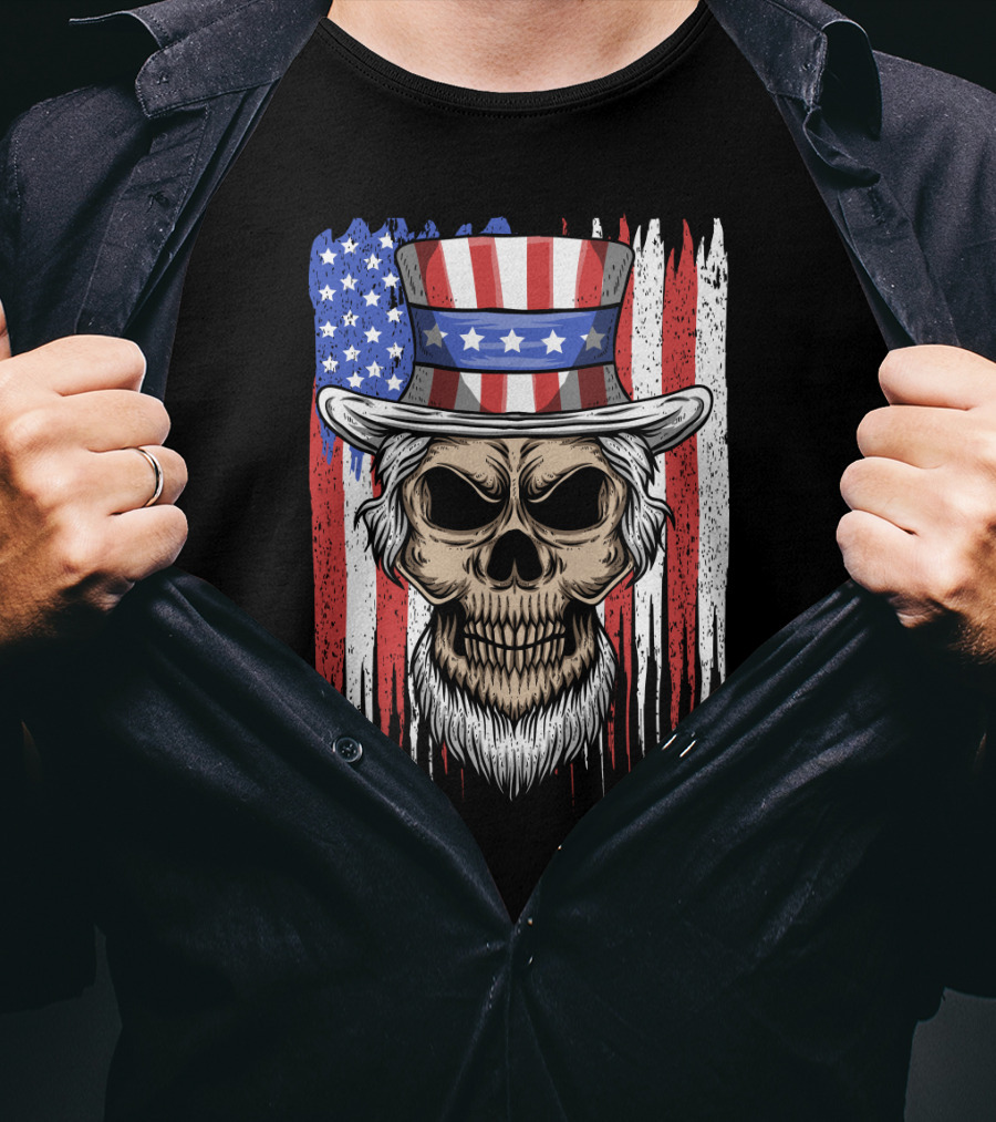 Skull Uncle Sam American Flag Hat T-Shirt