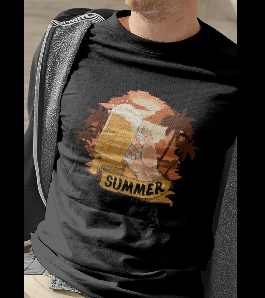 Summer Beach Beer Cheers At Sunset Palm Landscape T-Shirt