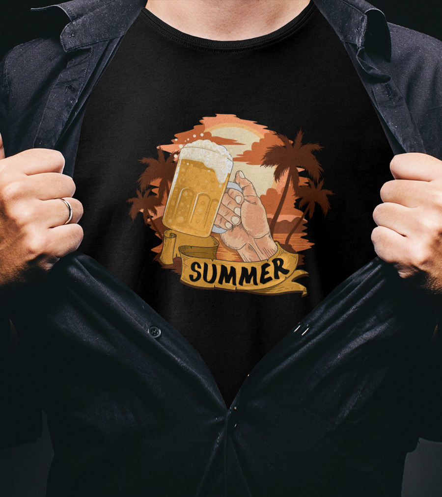 Summer Beach Beer Cheers At Sunset Palm Landscape T-Shirt