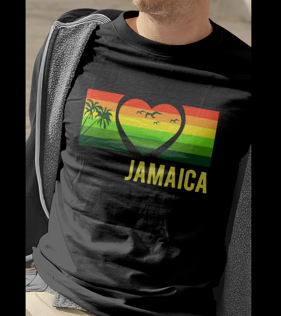 Jamaica Heart Rasta Reggae Sunset With Palm Trees And Birds T-Shirt