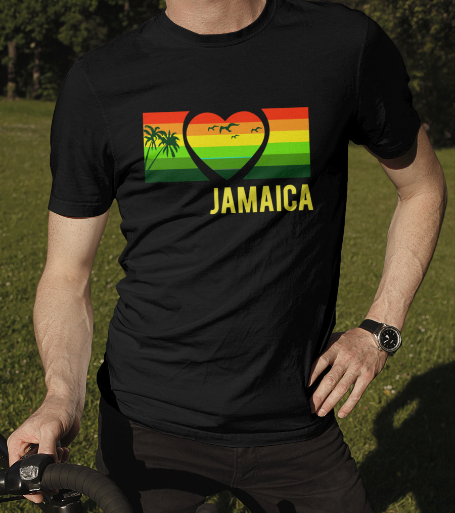 Jamaica Heart Rasta Reggae Sunset With Palm Trees And Birds T-Shirt
