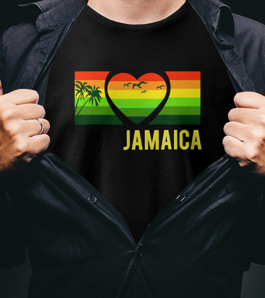 Jamaica Heart Rasta Reggae Sunset With Palm Trees And Birds T-Shirt