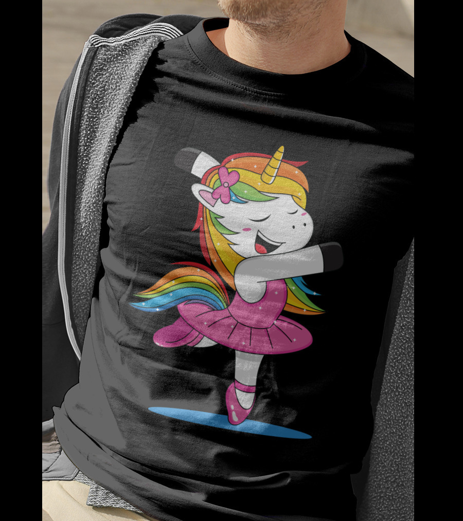 Unicorn Ballet Rainbow Dancer With Pink Tutu And Flower Bow T-Shirt