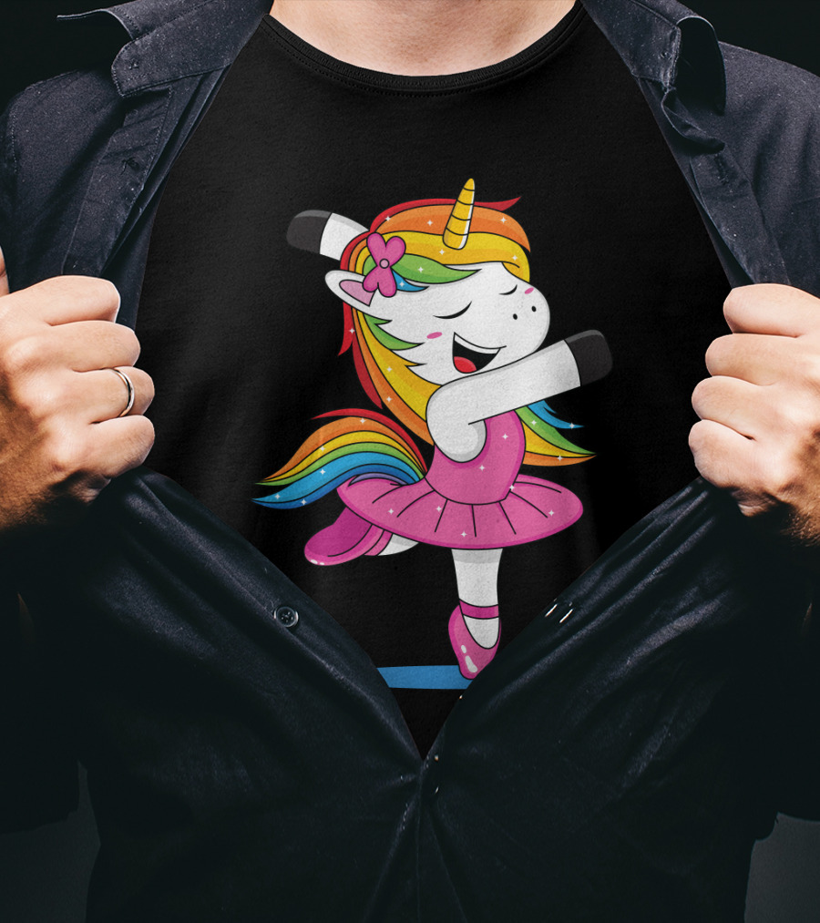 Unicorn Ballet Rainbow Dancer With Pink Tutu And Flower Bow T-Shirt
