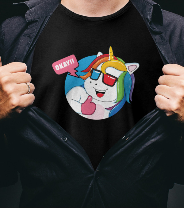 OKAY Unicorn Expression Rainbow Sunglasses Thumbs Up T-Shirt