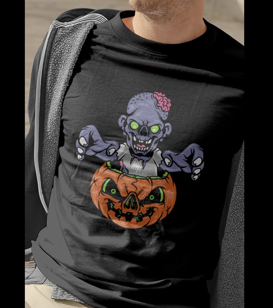Zombie In Pumpkin With Glowing Eyes And Brain T-Shirt