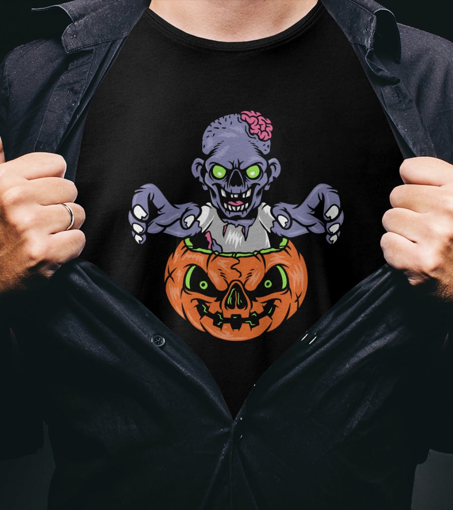 Zombie In Pumpkin With Glowing Eyes And Brain T-Shirt