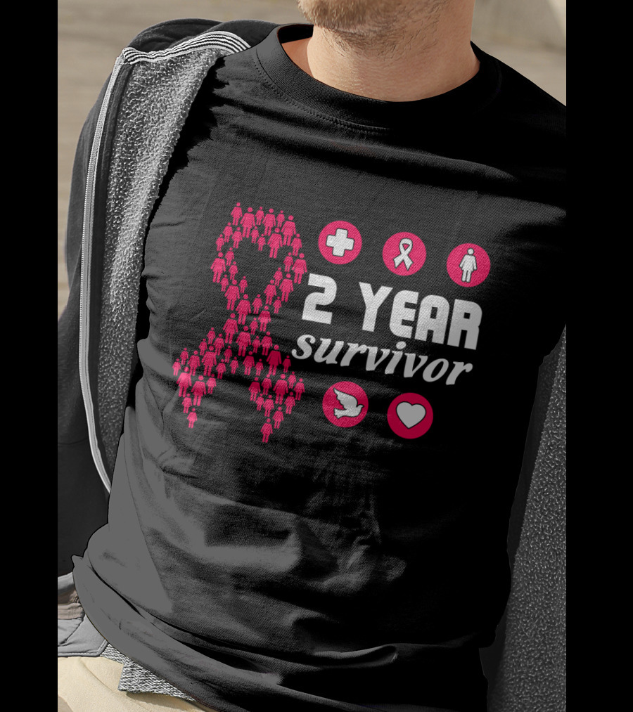 2 Year Survivor Pink Ribbon Breast Cancer Awareness Icons T-Shirt