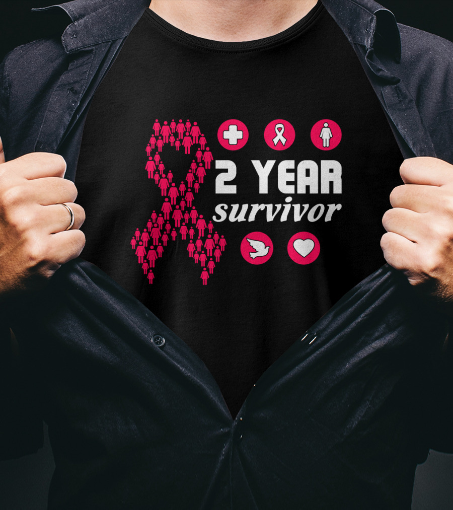 2 Year Survivor Pink Ribbon Breast Cancer Awareness Icons T-Shirt