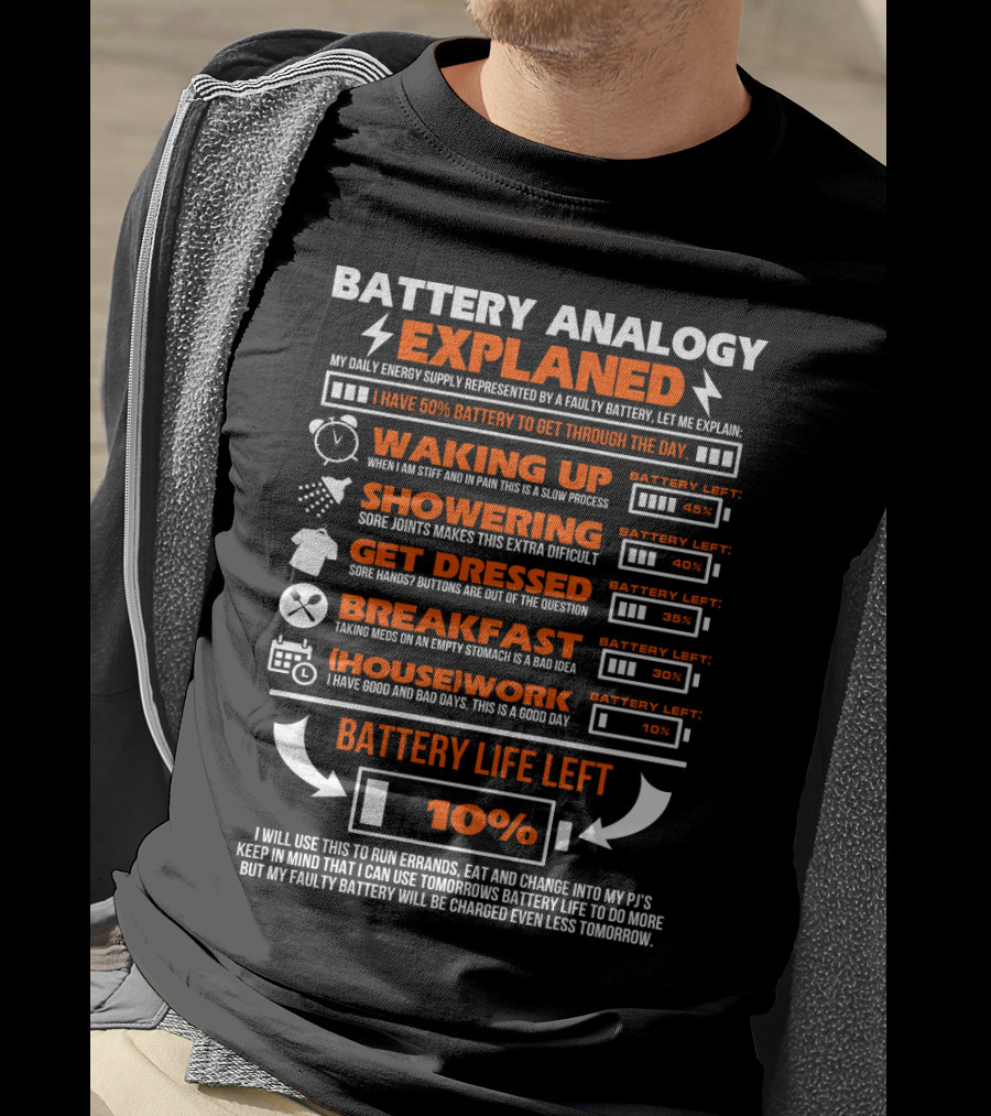 Battery Analogy Explained Waking Up Showering Get Dressed Breakfast Housework Battery Life Left 10% T-Shirt